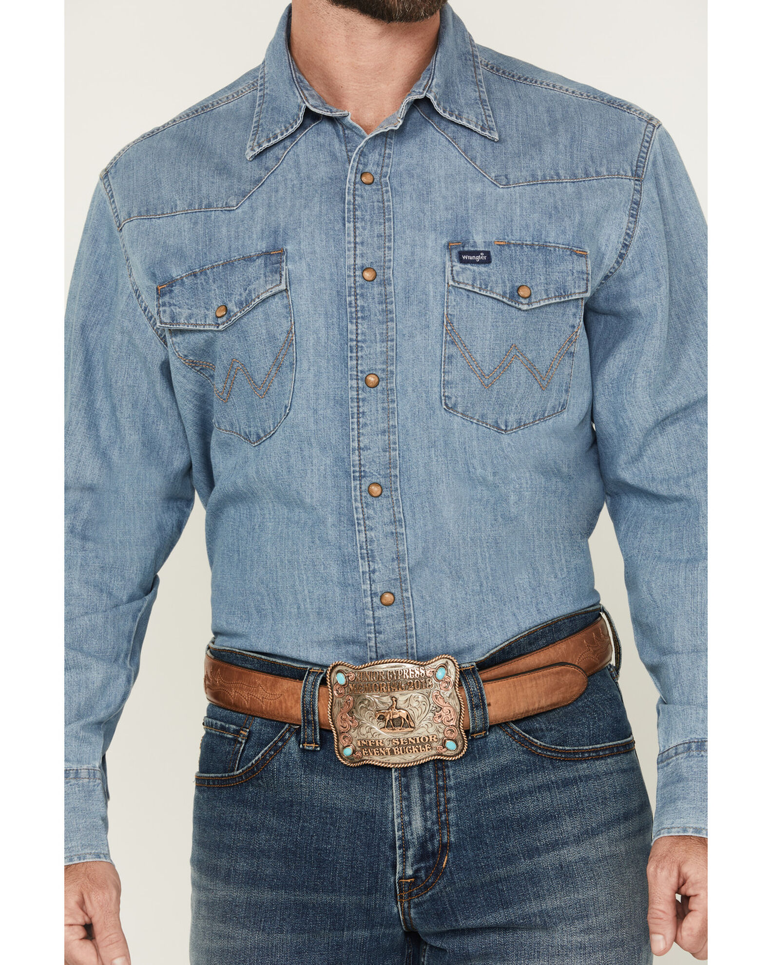 Image #3 - Wrangler Men's Light Wash Denim Long Sleeve Snap Western Shirt, Light Wash, hi-res
