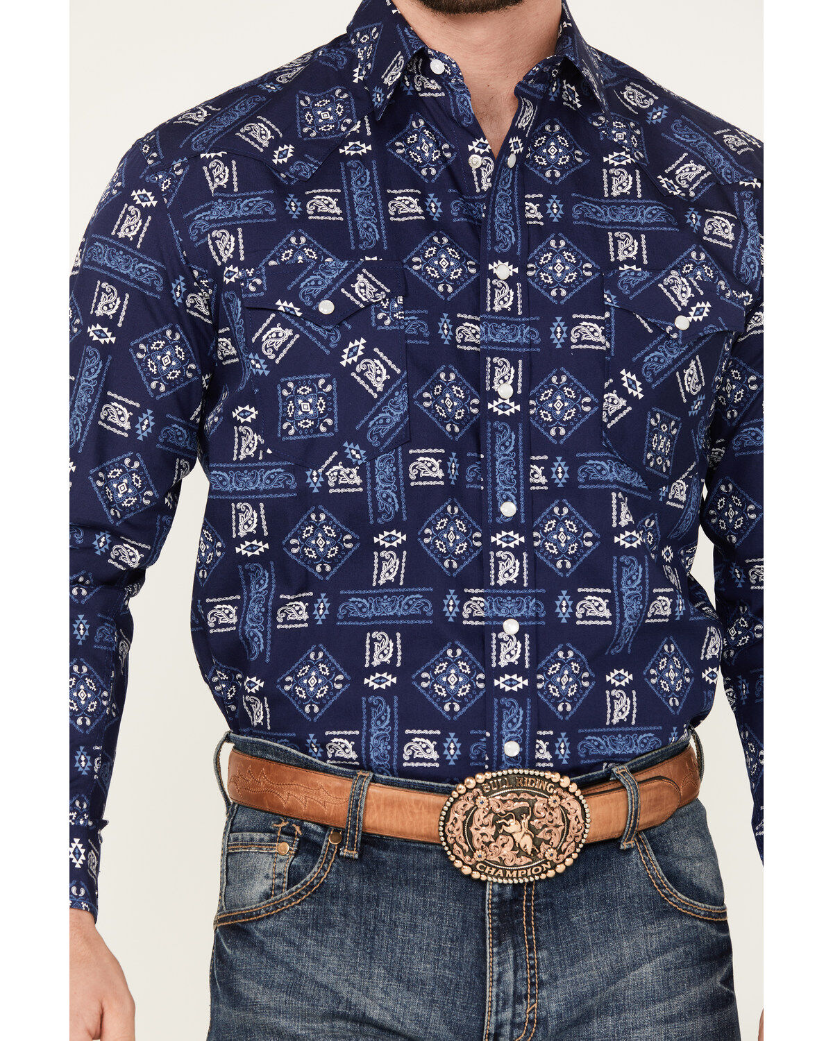 Image #3 - Rough Stock by Panhandle Men's Bandana Southwestern Long Sleeve Snap Western Shirt, Navy, hi-res