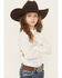Image #2 - Shyanne Girls' Rhinestone Fringe Long Sleeve Snap Stretch Western Shirt, White, hi-res