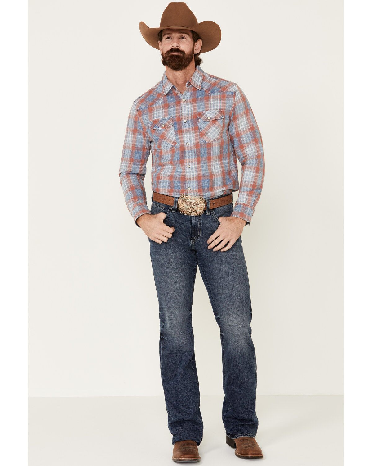 Image #1 - Flag & Anthem Men's Rosburg Plaid Long Sleeve Western Shirt, Indigo, hi-res