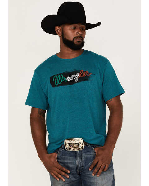Wrangler Men's Mexico Rider Teal Rope Logo Graphic Short Sleeve T-Shirt , Teal, hi-res