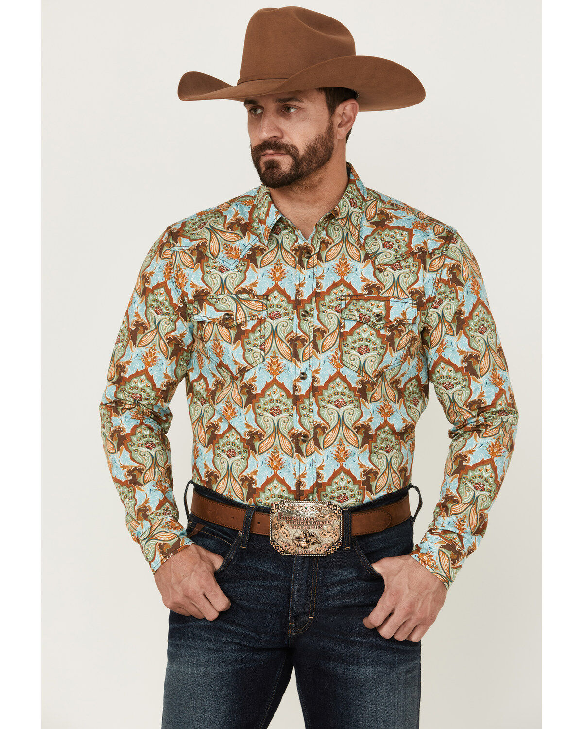 Image #1 - Cody James Men's Rushmore Print Long Sleeve Snap Western Shirt, Turquoise, hi-res