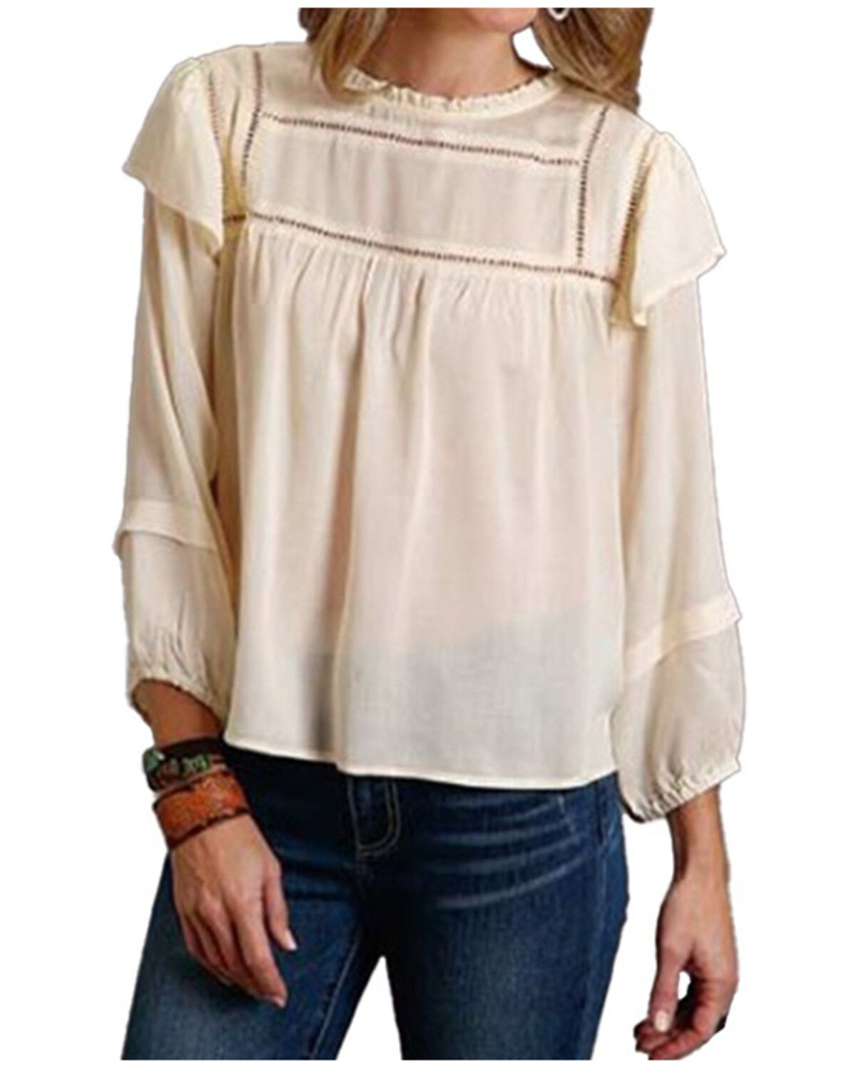 Image #1 - Stetson Women's Cream Herringbone Pleated Long Sleeve Blouse Top, Cream, hi-res