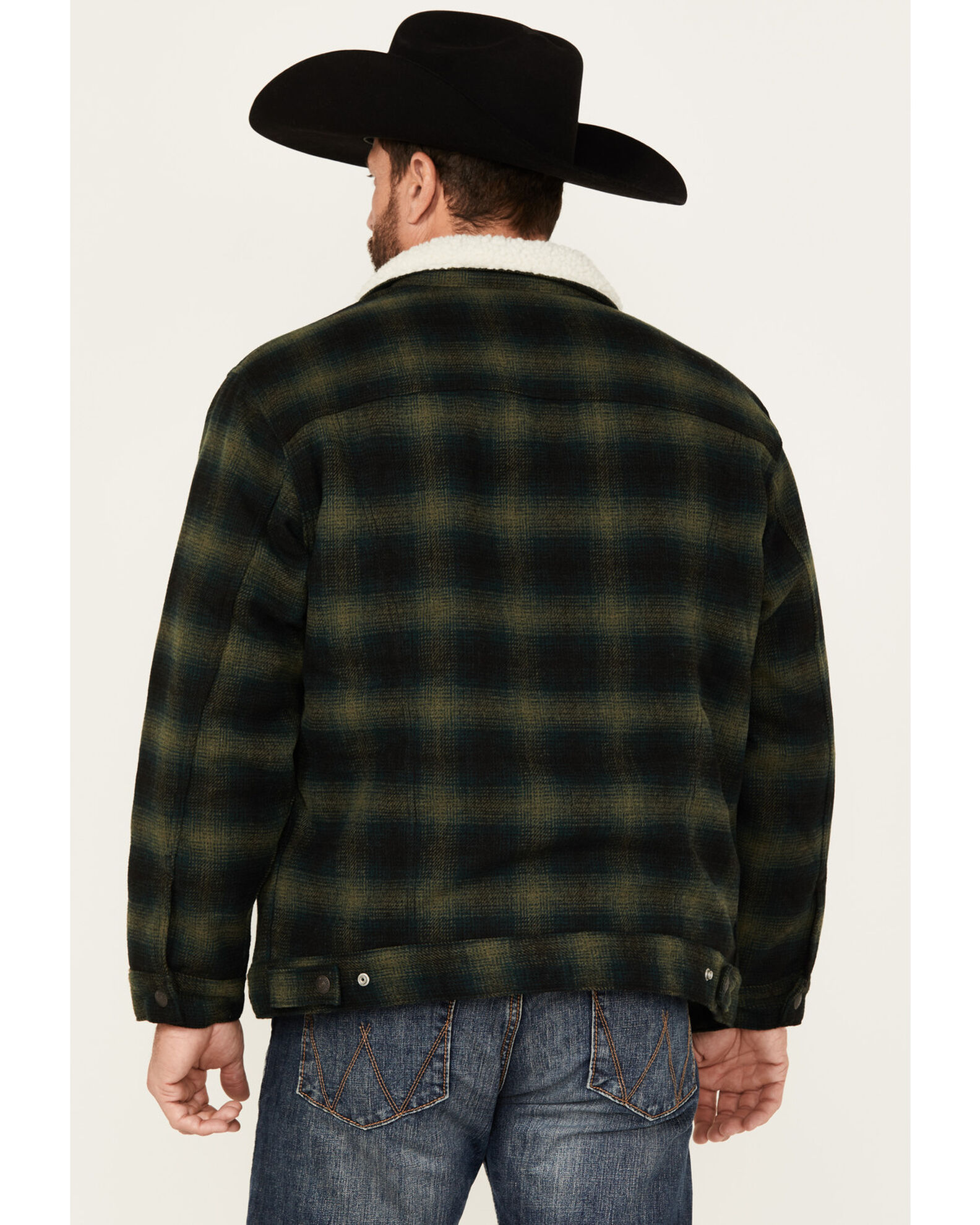 Image #4 - Levi's Men's Plaid Print Relaxed Sherpa Trucker Jacket, Dark Green, hi-res