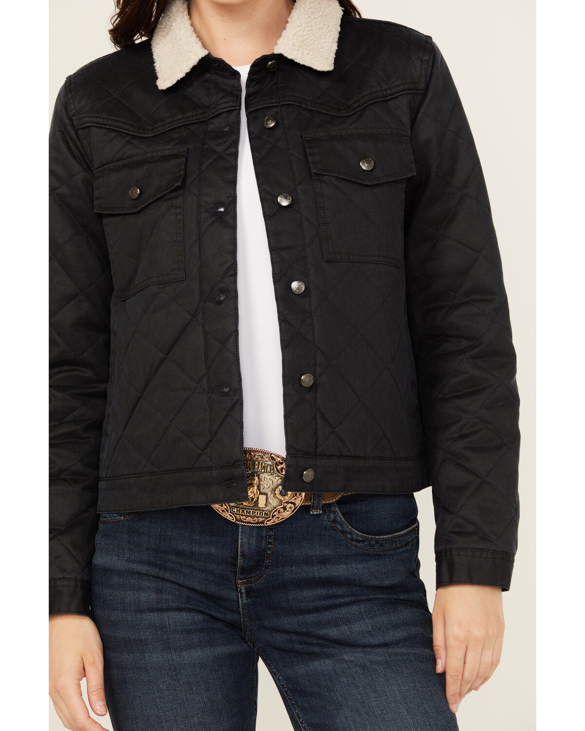 Image #3 - Shyanne Women's Oil Skinned Quilted Sherpa Trimmed Jacket, Navy, hi-res