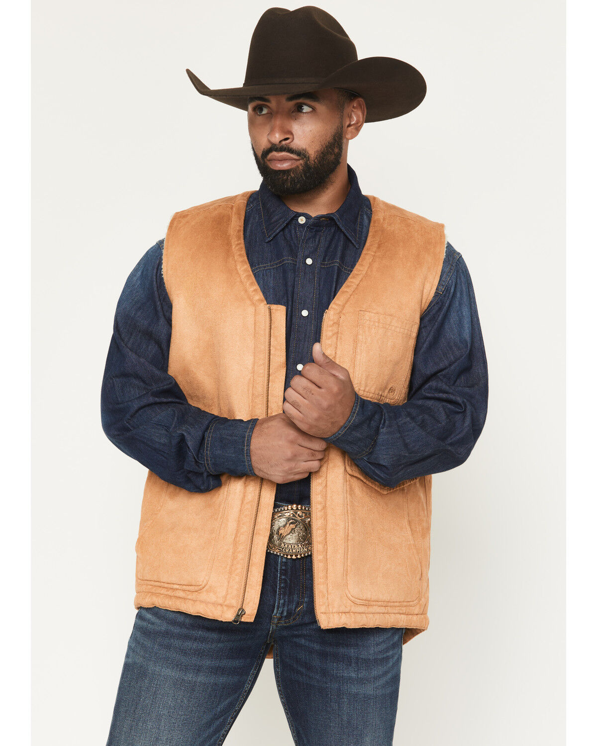 Image #1 - Blue Ranchwear Men's Averill Oilskin Sherpa Lined Vest, Tan, hi-res