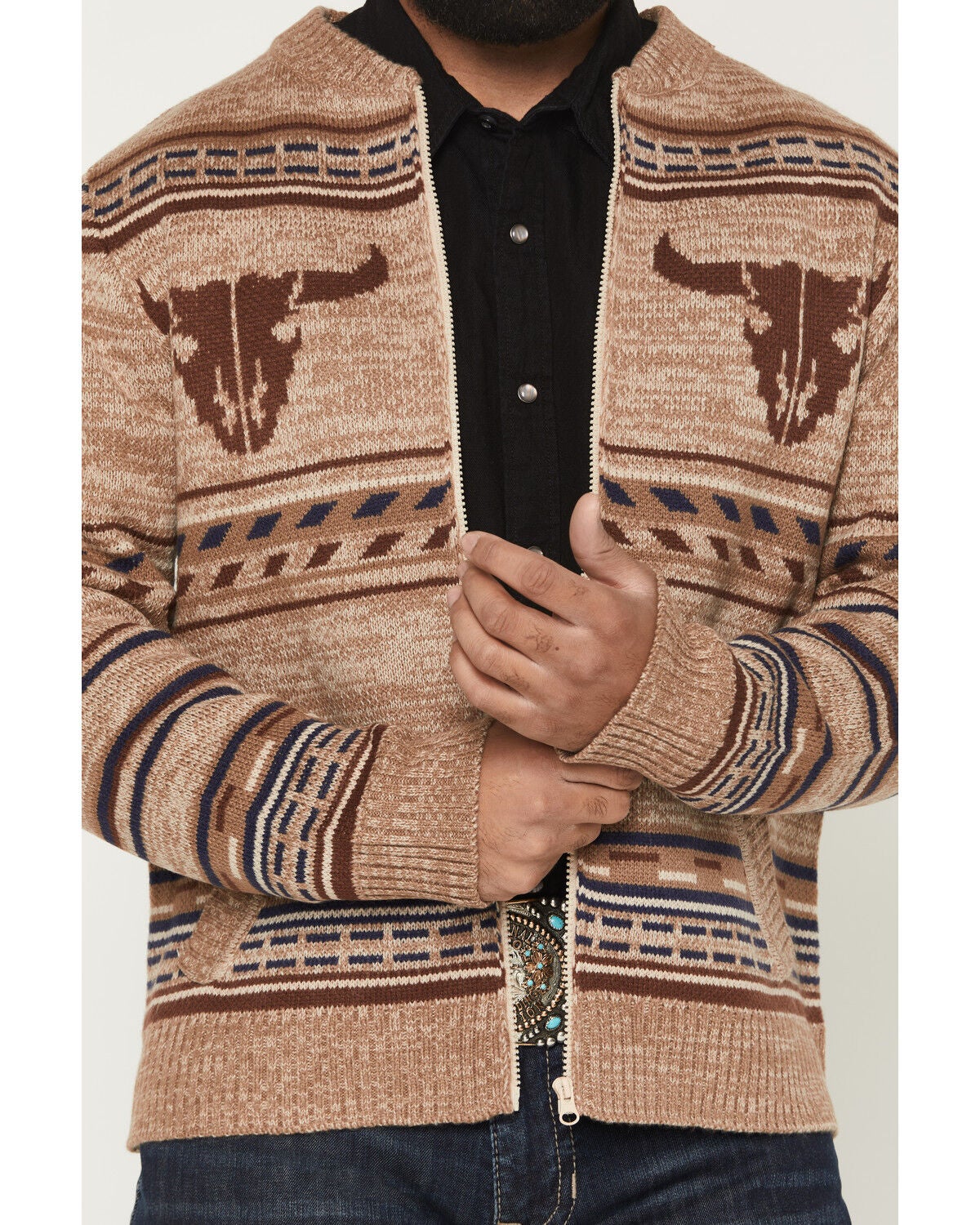 Image #3 - Cotton & Rye Men's Novelty Steerhead Zip-Up Sweater, Tan, hi-res