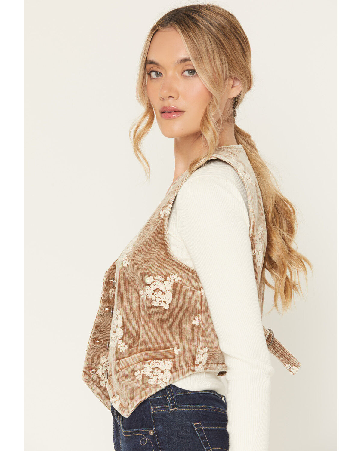 Image #2 - Mystree Women's Corduroy Floral Embroidered Vest, Brown, hi-res