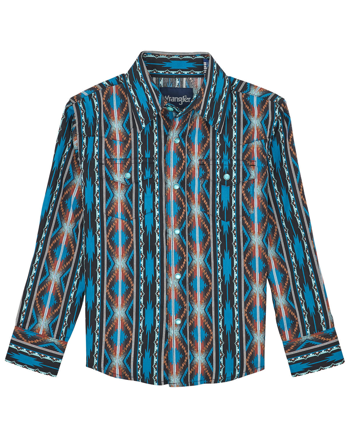 Image #1 - Wrangler Boys' Checotah Southwestern Striped Print Long Sleeve Snap Western Shirt, Teal, hi-res