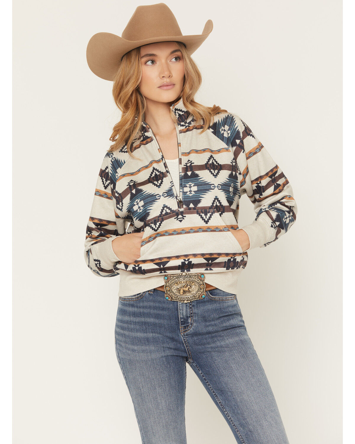 Image #1 - Shyanne Women's Southwestern Print 1/2 Zip Pullover, Oatmeal, hi-res