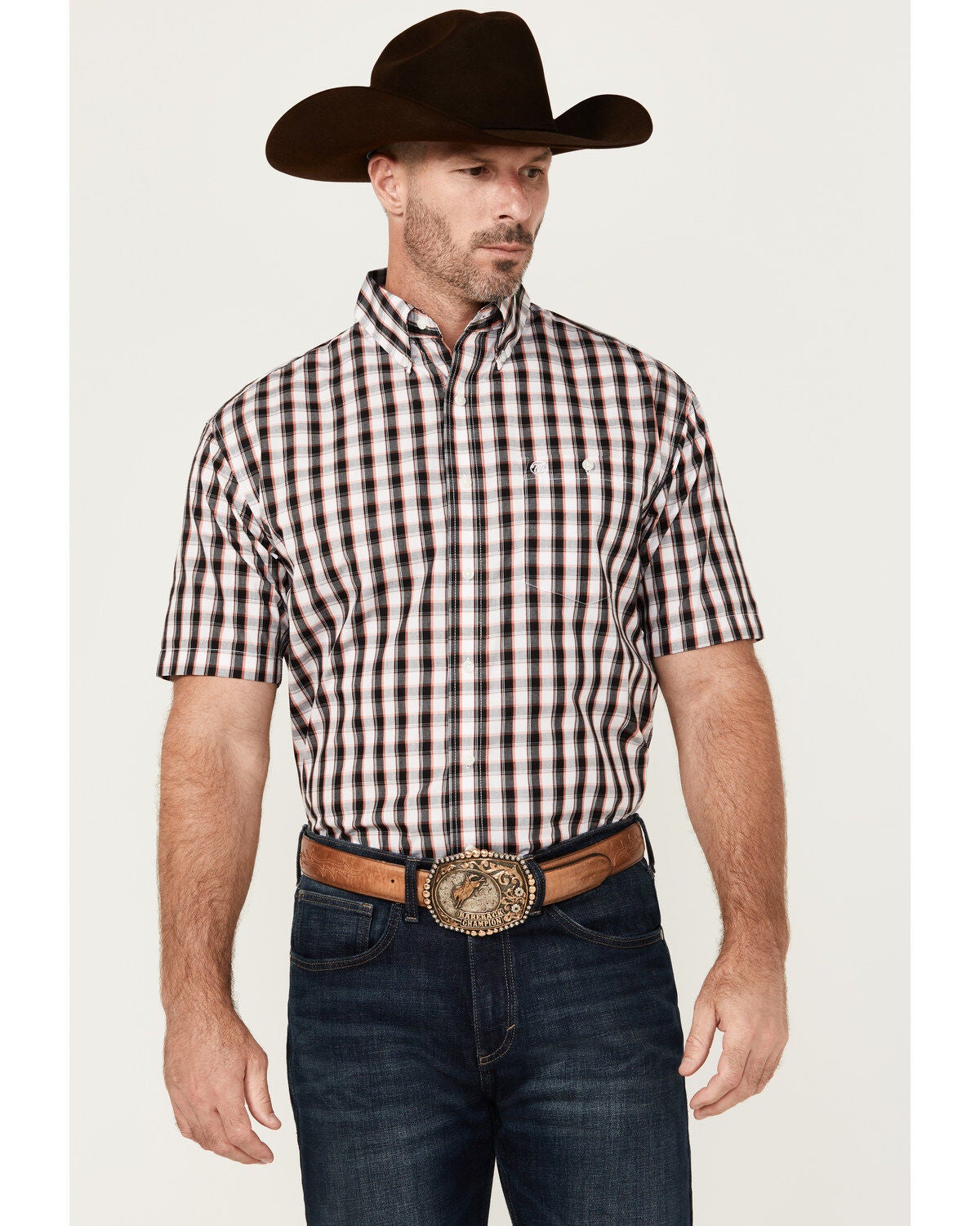 Wrangler Men's Classic Plaid Print Short Sleeve Button-Down Western Shirt, Black, hi-res