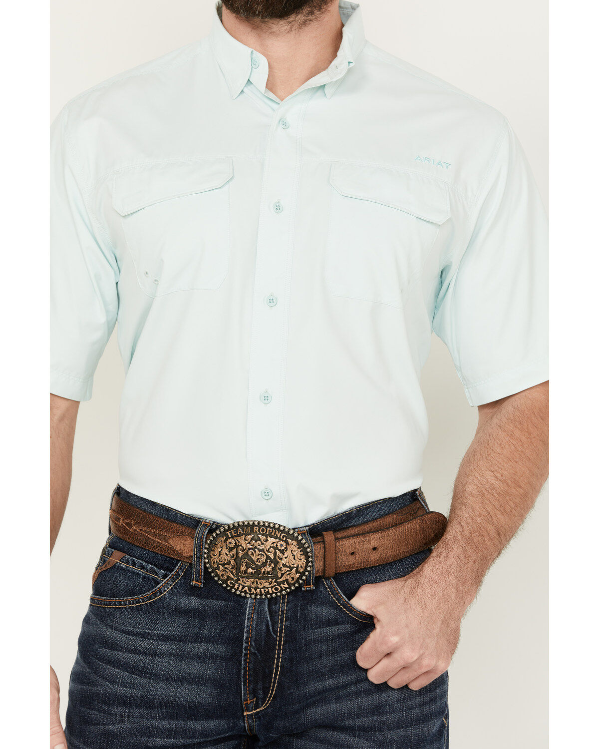 Image #3 - Ariat Men's VenTek Outbound Solid Short Sleeve Button-Down Performance Western Shirt, Aqua, hi-res