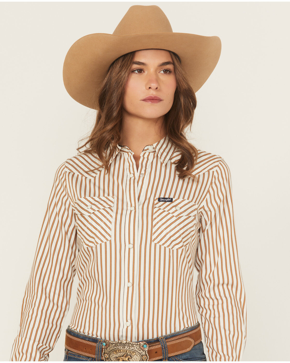 Wrangler Retro Women's Vertical Striped Long Sleeve Snap Western Shirt, Brown, hi-res