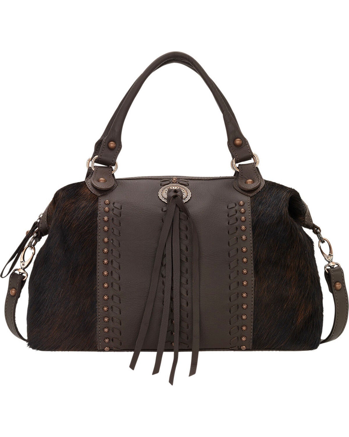 American West Chocolate Cow Town Large Convertible Zip Top Satchel, Chocolate, hi-res