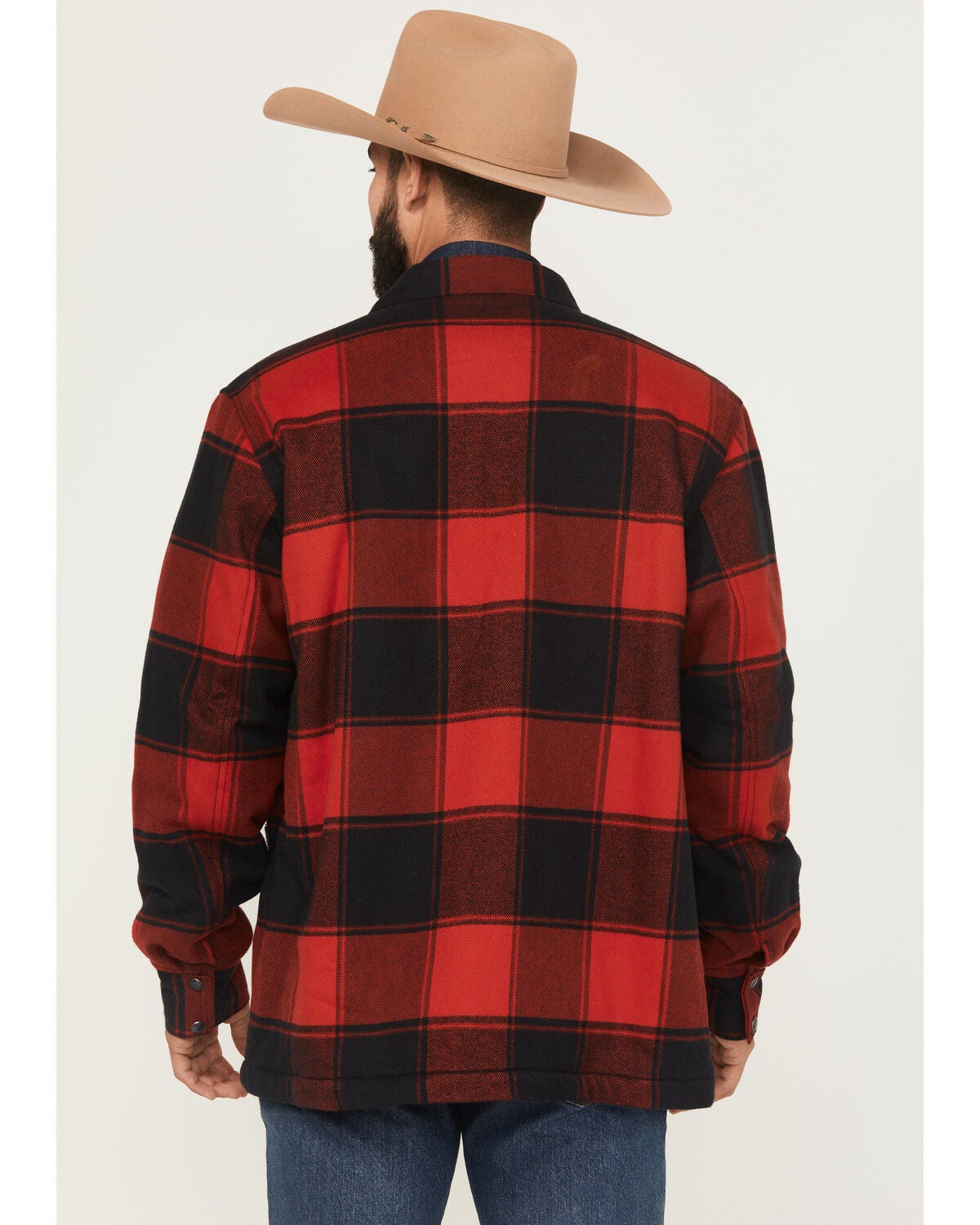 Image #4 - Wrangler Men's Plaid Print Long Sleeve Snap Sherpa Lined Shirt Jacket, Red, hi-res
