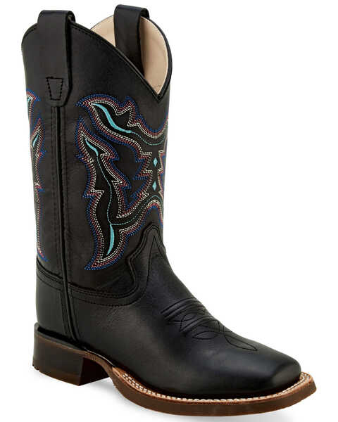 Old West Boys' Shaft Embroidery Western Boots - Broad Square Toe, Black, hi-res