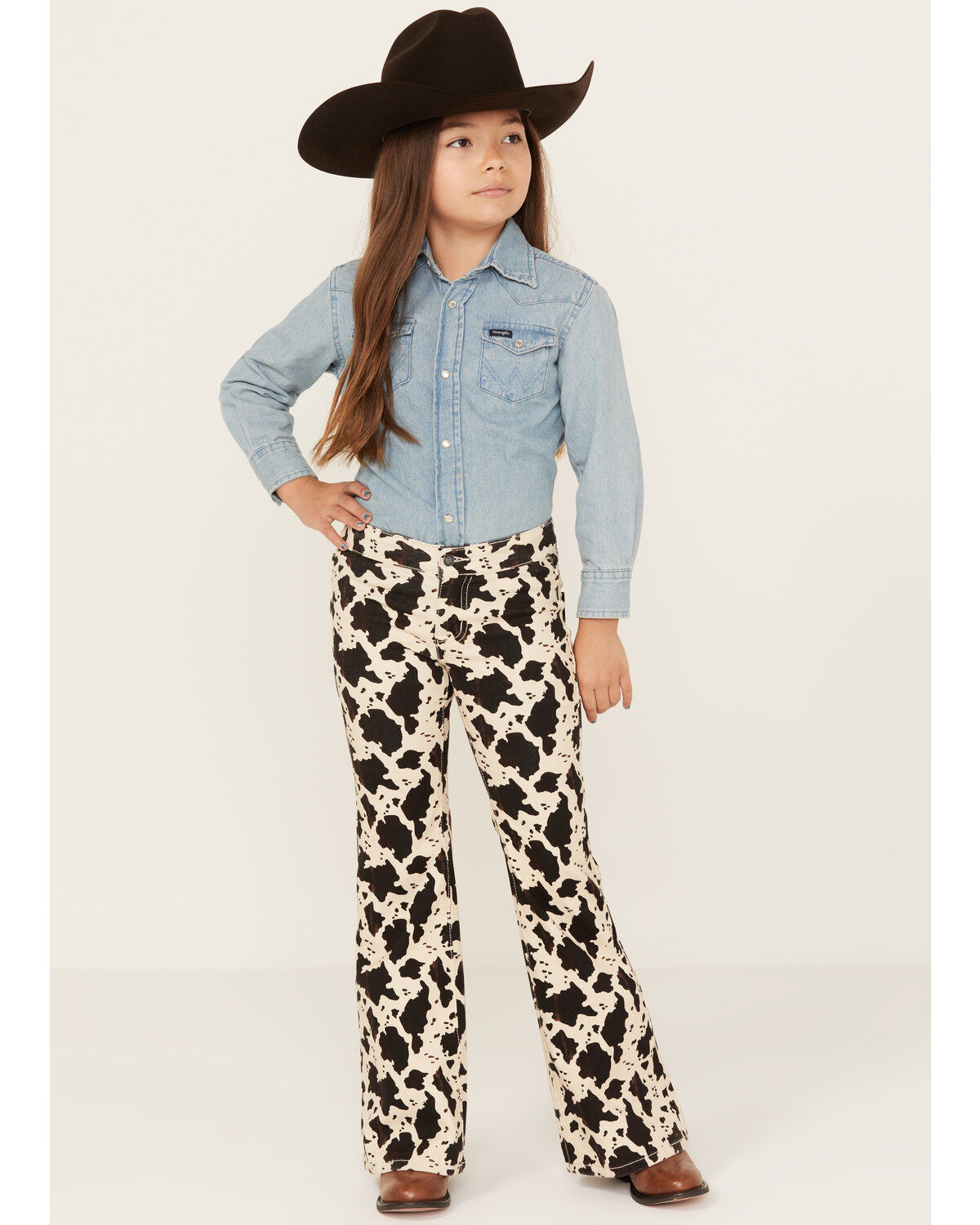 Image #1 - Rock & Roll Denim Girls' Cow Print Bargain Button Stretch Flare Jeans, Multi, hi-res