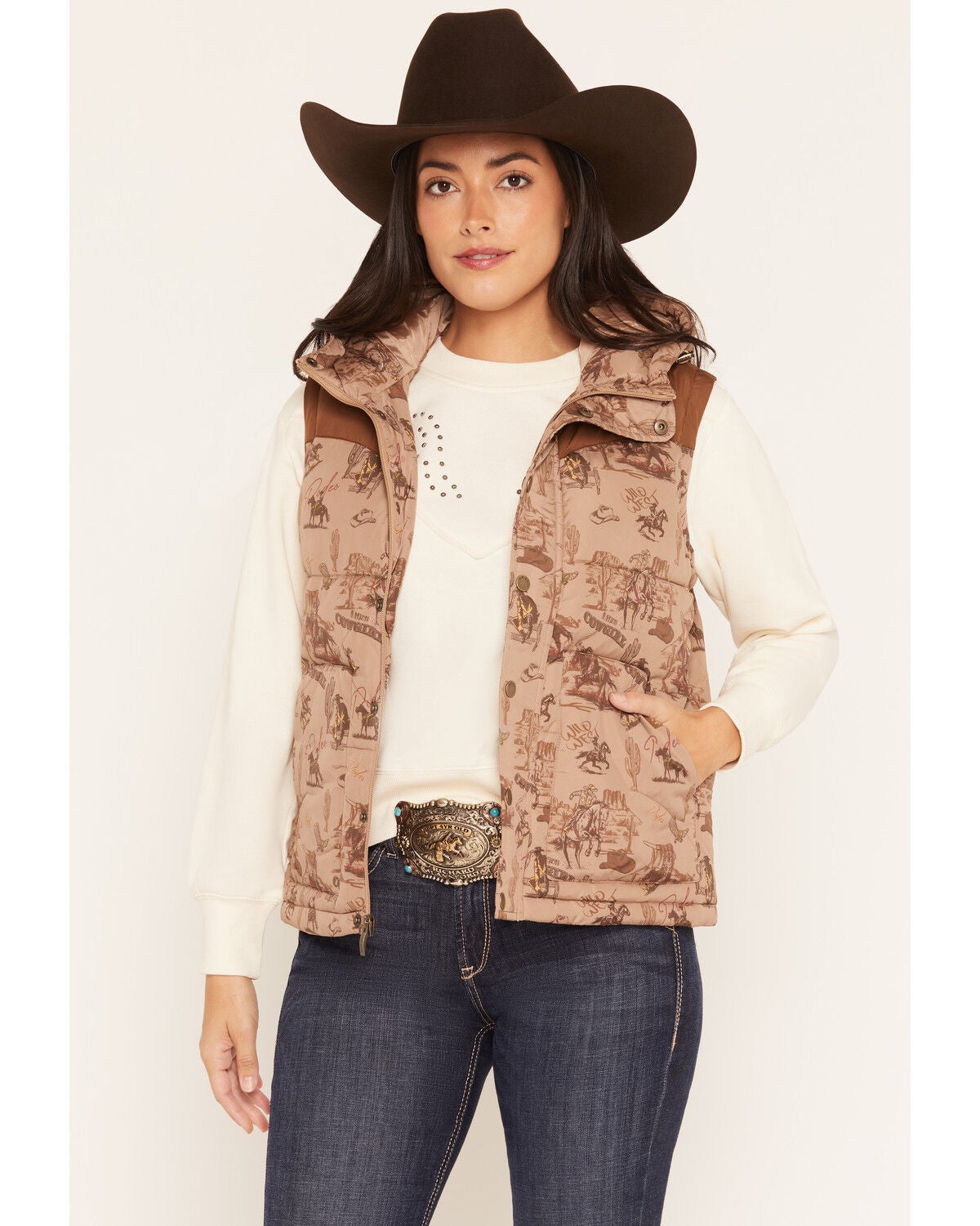 Ariat Women's Frontier Rodeo Print Puffer Vest, Wheat, hi-res