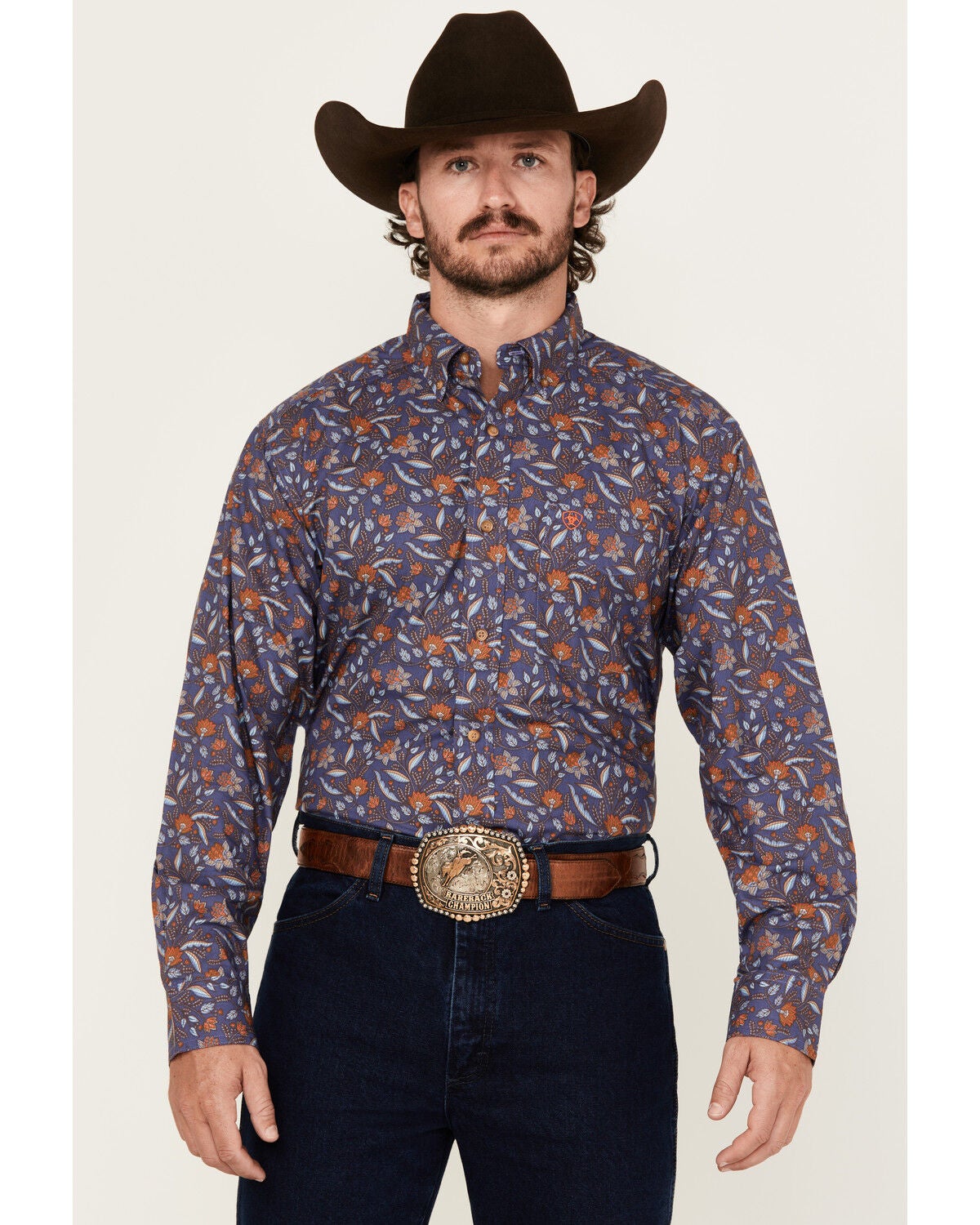 Ariat Men's Ty Floral Print Long Sleeve Button-Down Western Shirt, Dark Blue, hi-res