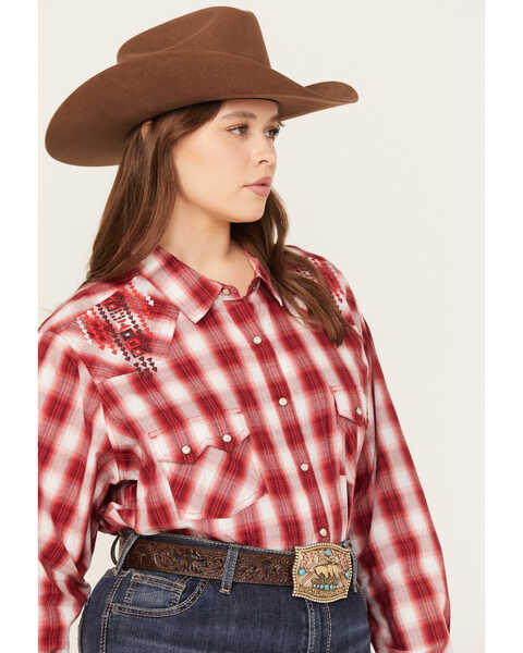 Ariat Women's R.E.A.L. Embroidered Plaid Print Long Sleeve Western Snap Shirt - Plus, Red, hi-res