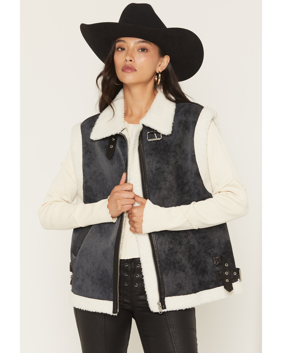 Image #1 - Elan Women's Sherpa Lined Moto Vest, Charcoal, hi-res