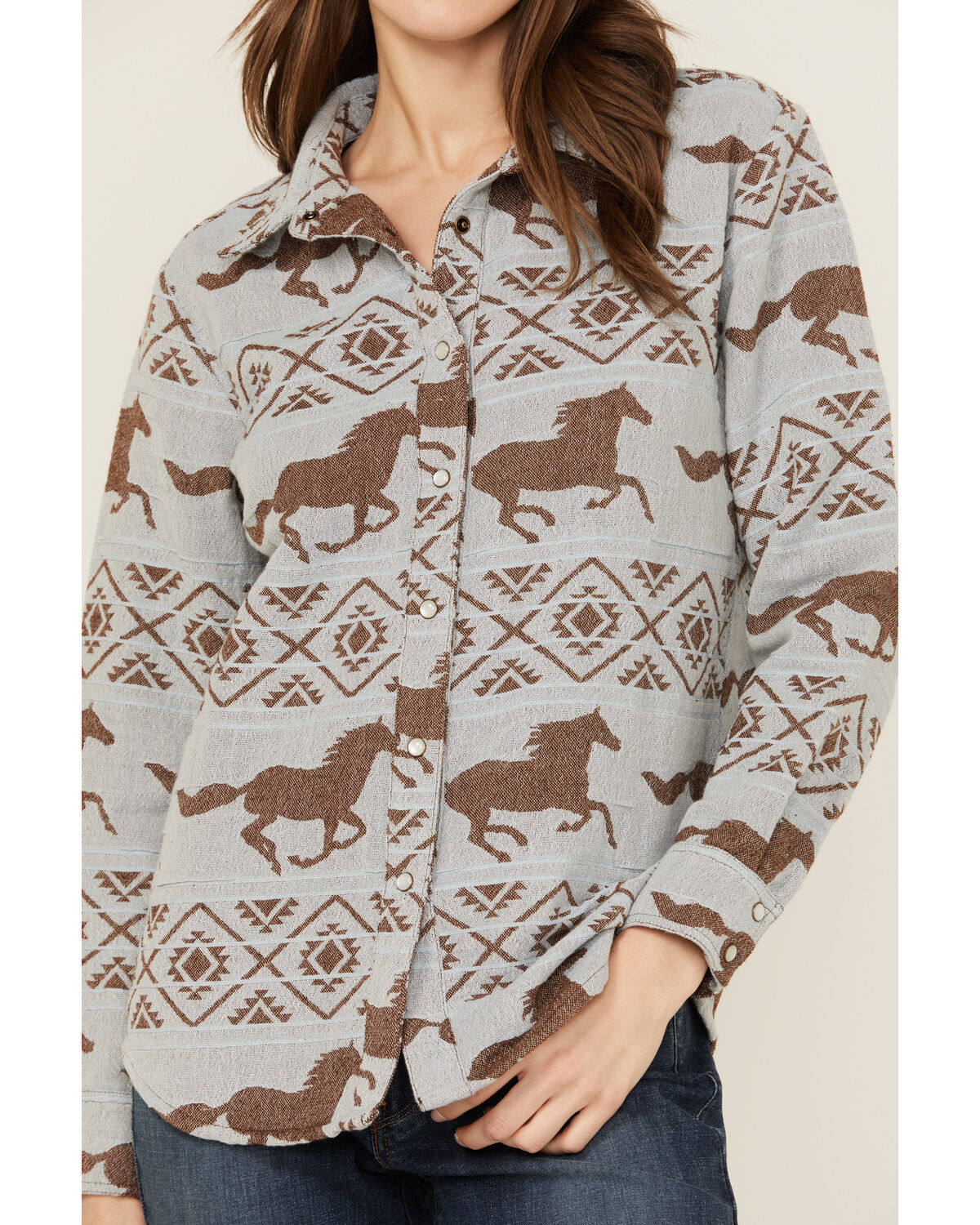 Image #3 - Shyanne Women's Horse Print Blanket Long Sleeve Pearl Snap Western Shirt, Light Blue, hi-res