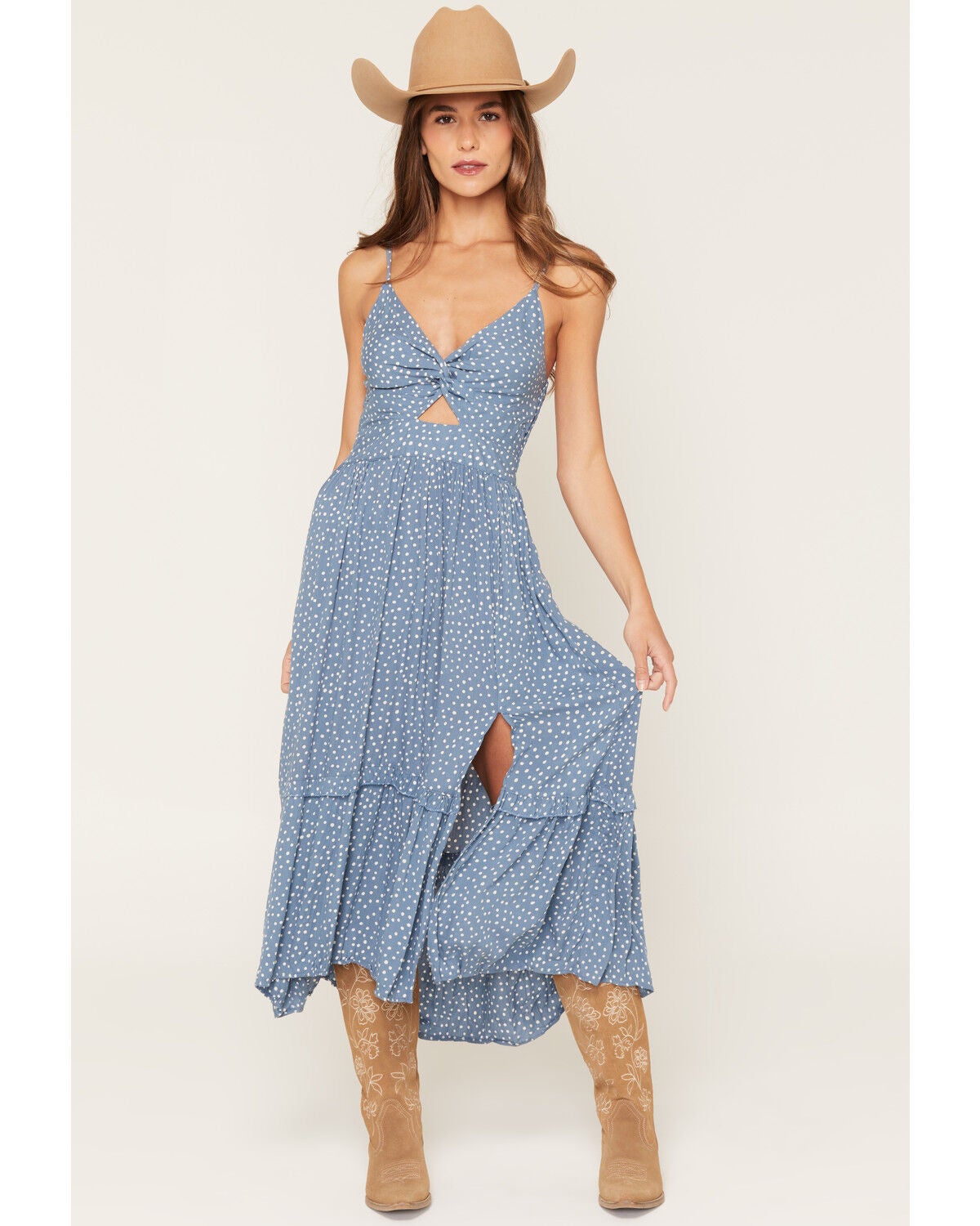 Angie Women's Polka Dot Twist Front Sleeveless Midi Dress, Blue, hi-res