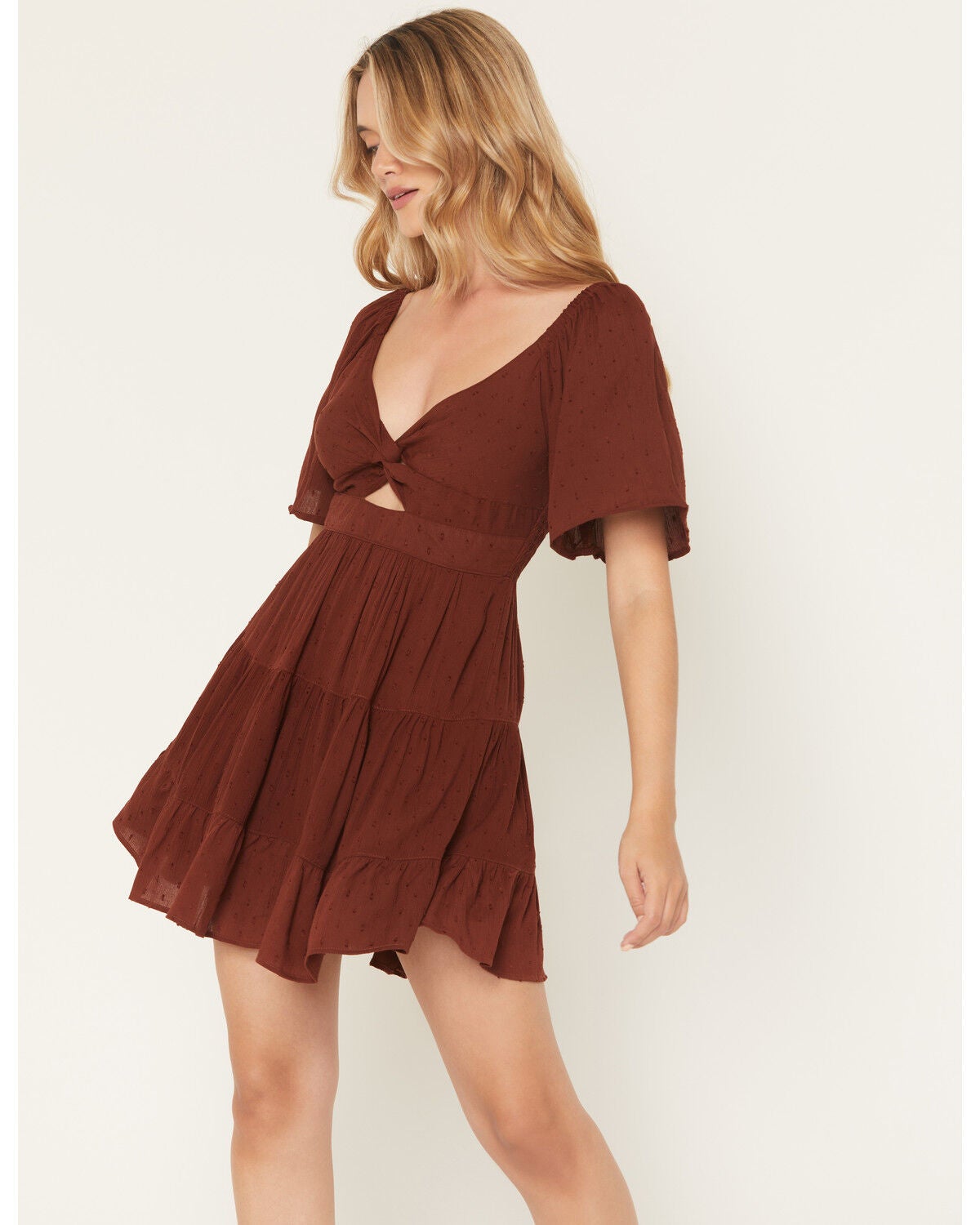 Angie Women's Swiss Dot Short Sleeve Mini Dress, Brown, hi-res