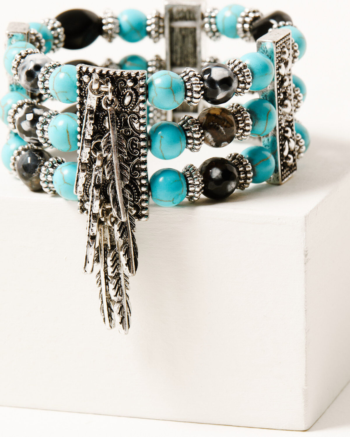 Image #1 - Shyanne Women's Silver Fringe & Turquoise Beaded Multilayered Stretch Cuff Bracelet, Silver, hi-res