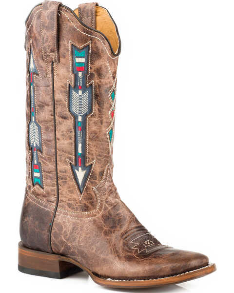 Image #1 - Roper Women's Arrow Inlay Western Boots - Broad Square Toe, Brown, hi-res