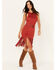 Image #1 - Rock & Roll Denim Women's Faux Suede Fringe Belted Mini Dress, Rust Copper, hi-res