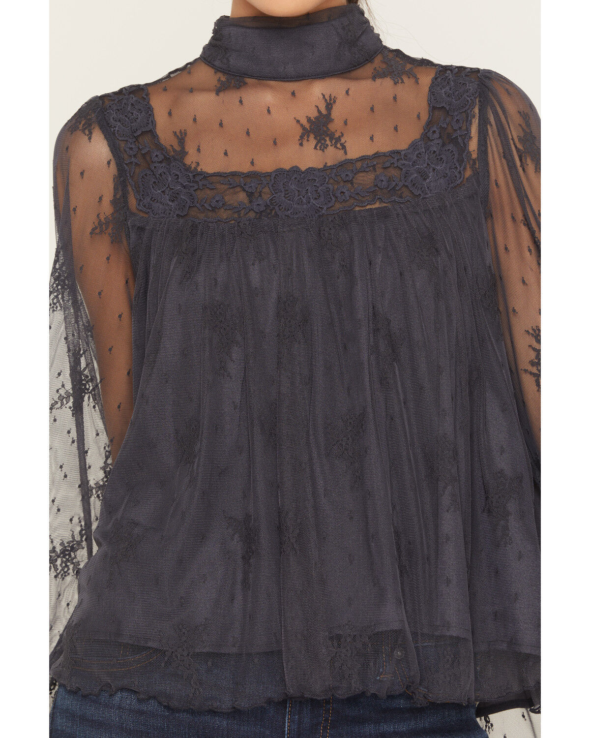 Image #3 - By Together Women's Mock Neck Lace Long Sleeve Top, Navy, hi-res