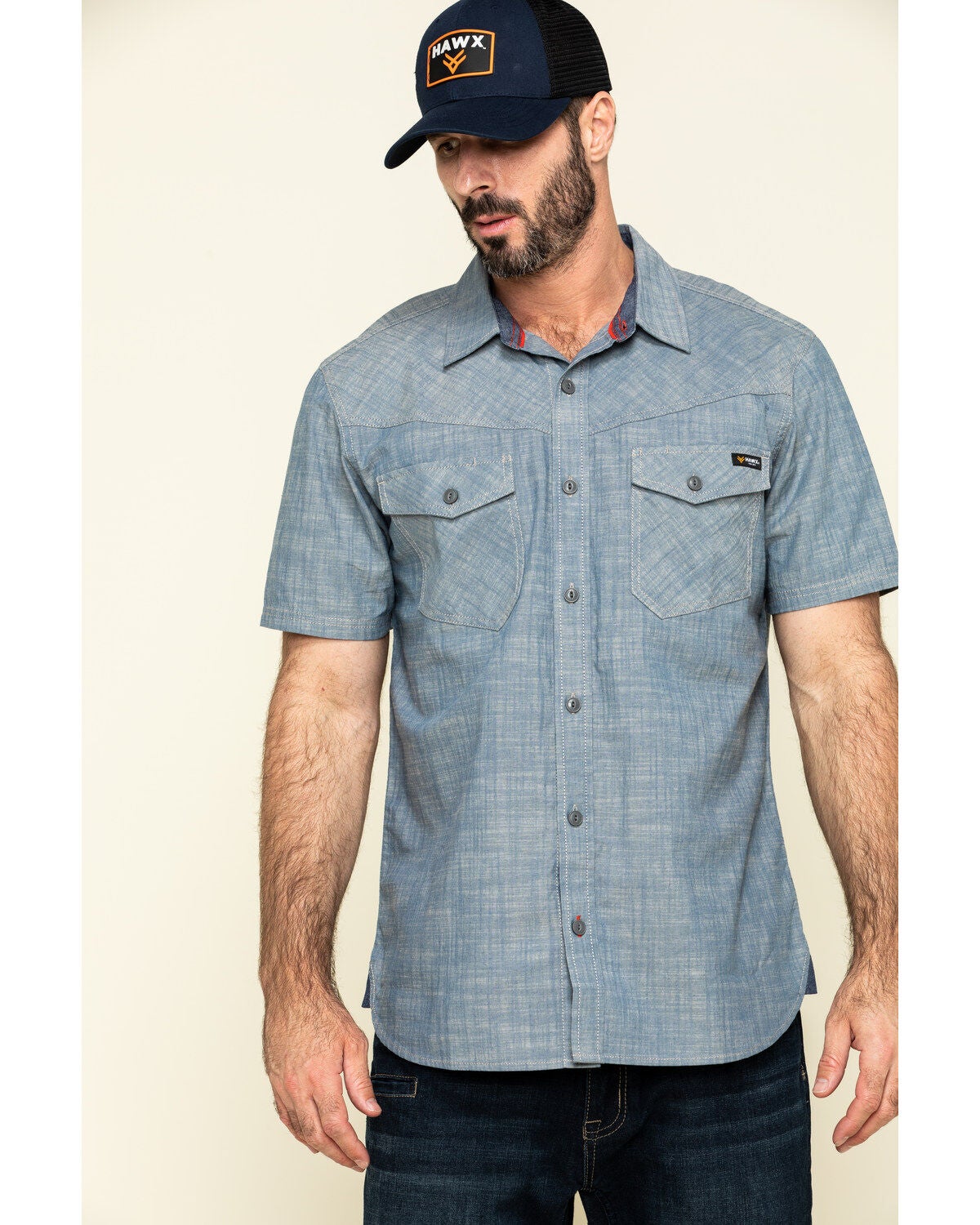 Hawx Men's Rancho Chambray Solid Short Sleeve Work Shirt, Blue, hi-res