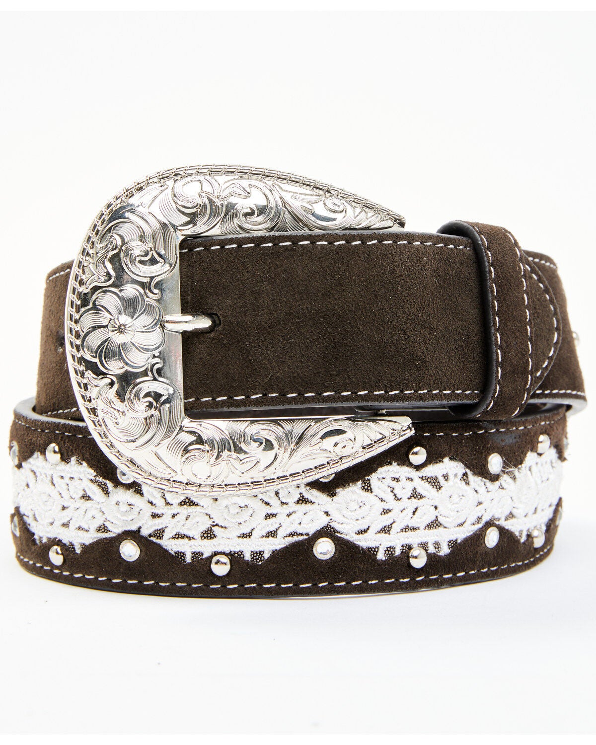 Image #1 - Shyanne Women's Dark Brown Suede & Lace Studded Belt, , hi-res