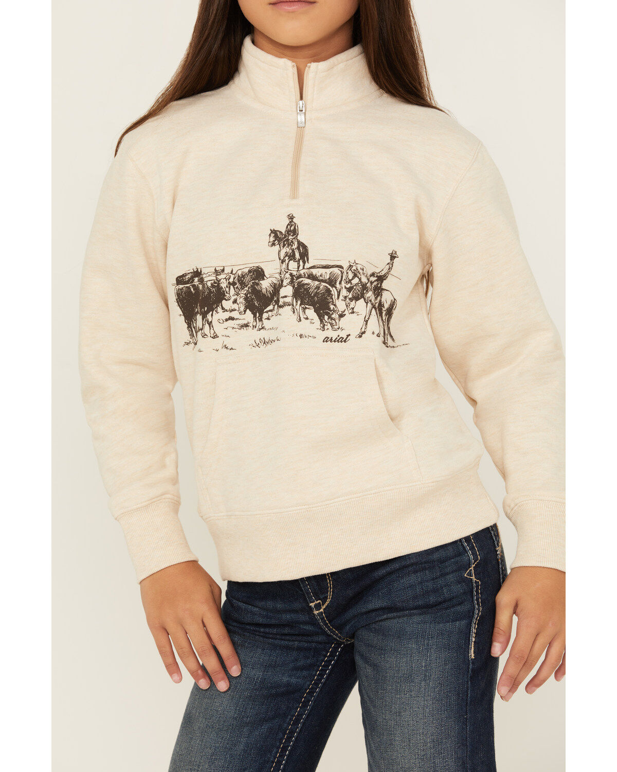Image #3 - Ariat Girls' Horses Graphic Pullover, Beige, hi-res