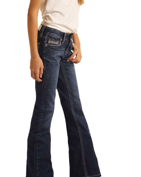 Image #3 - Rock & Roll Denim Girls' Dark Wash Stitched Bootcut Jeans , , hi-res