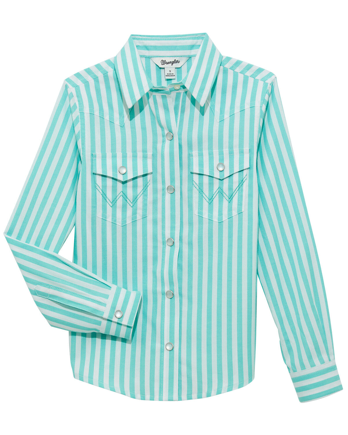 Image #1 - Wrangler Girls' Striped Long Sleeve Pearl Snap Western Shirt, Teal, hi-res