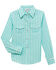 Image #1 - Wrangler Girls' Striped Long Sleeve Pearl Snap Western Shirt, Teal, hi-res