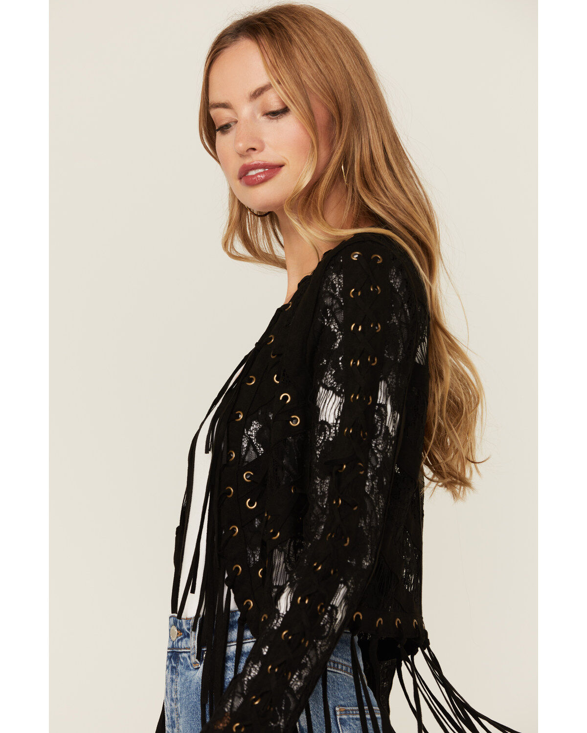 Image #2 - Vocal Women's Suede Tassel Jacket, Black, hi-res