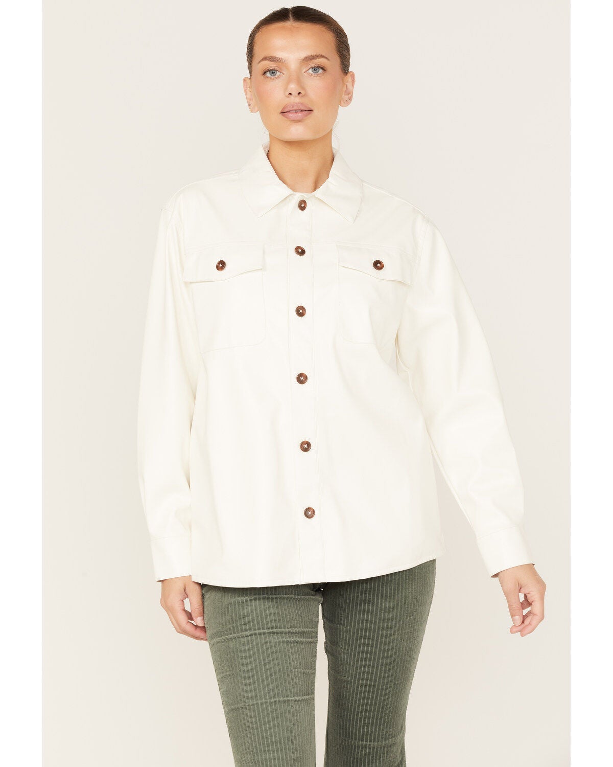 Cleo + Wolf Women's Oversized Solid Faux Leather Shacket, Ivory, hi-res