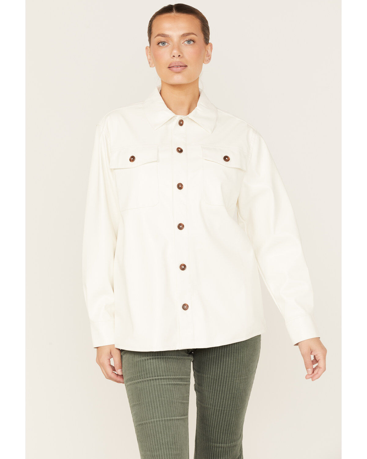 Image #1 - Cleo + Wolf Women's Oversized Solid Faux Leather Shacket, Ivory, hi-res