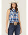RANK 45 Women's Sleeveless Button Down Plaid Print Western Shirt , Blue, hi-res