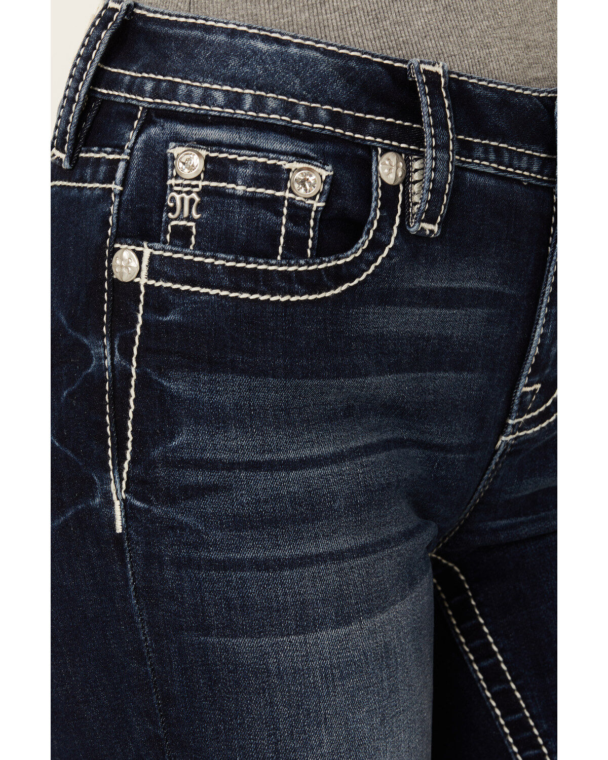 Image #4 - Miss Me Women's Dark Wash Mid Rise Feather Pocket Bootcut Stretch Denim Jeans, Dark Wash, hi-res