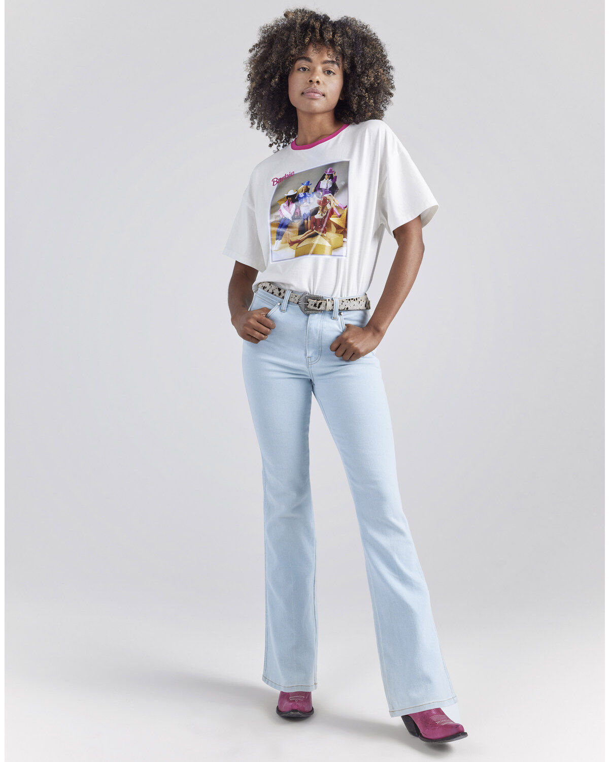 Image #2 - Wrangler® X Barbie™ Women's Light Wash High Rise Westward Pink Patch Stretch Bootcut Jeans, , hi-res
