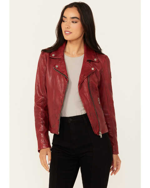 Mauritius Leather Women's Embellished Stars Leather Moto Jacket, Red, hi-res