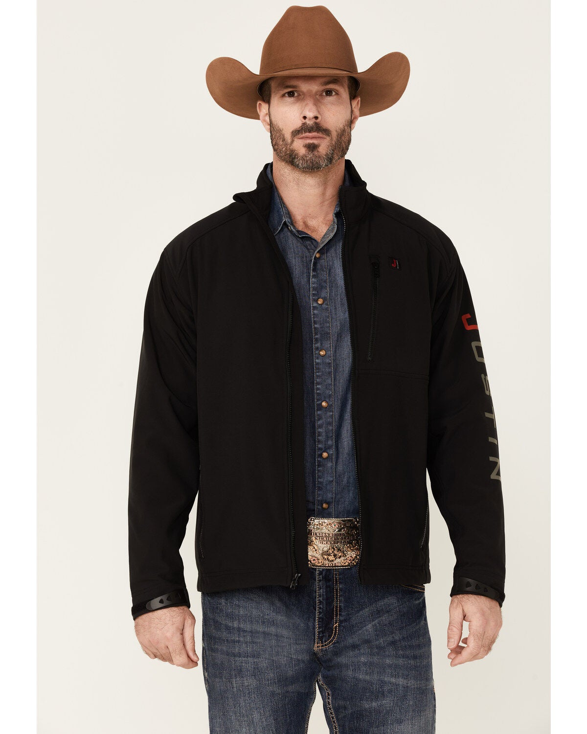 Justin Men's Solid Stillwater Logo Sleeve Zip-Front Fleece Jacket, Black, hi-res