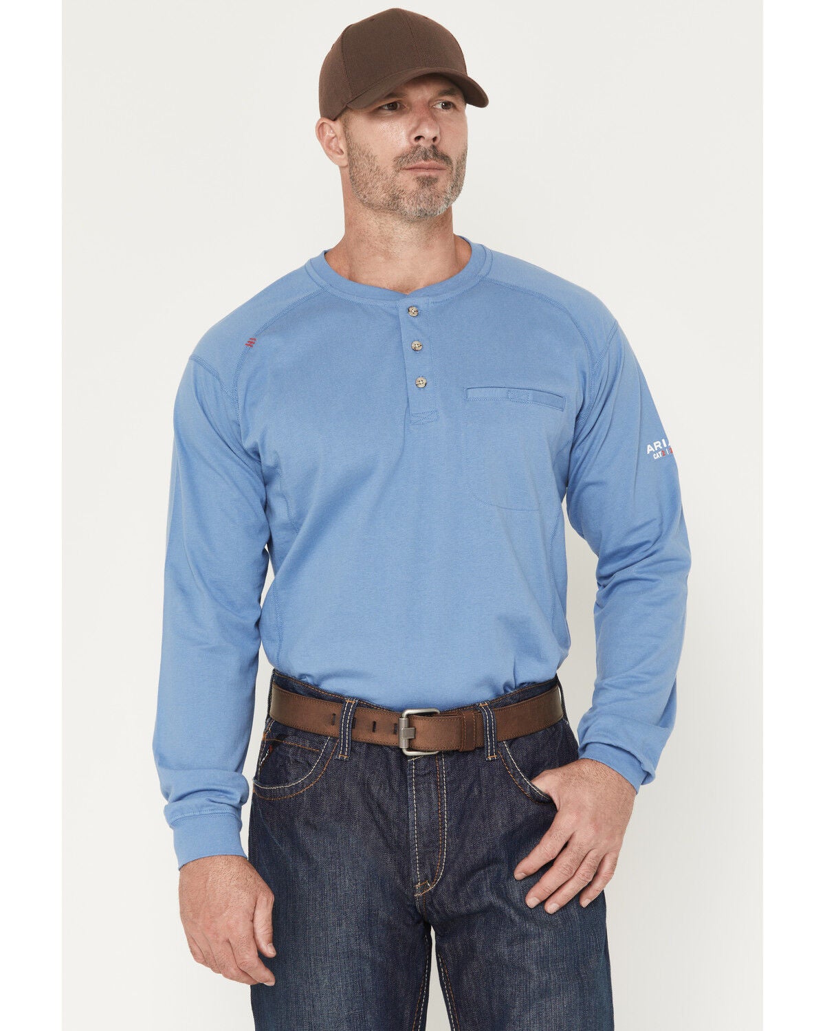 Ariat Men's FR Air Henley Long Sleeve Button-Down Work Shirt, Medium Blue, hi-res