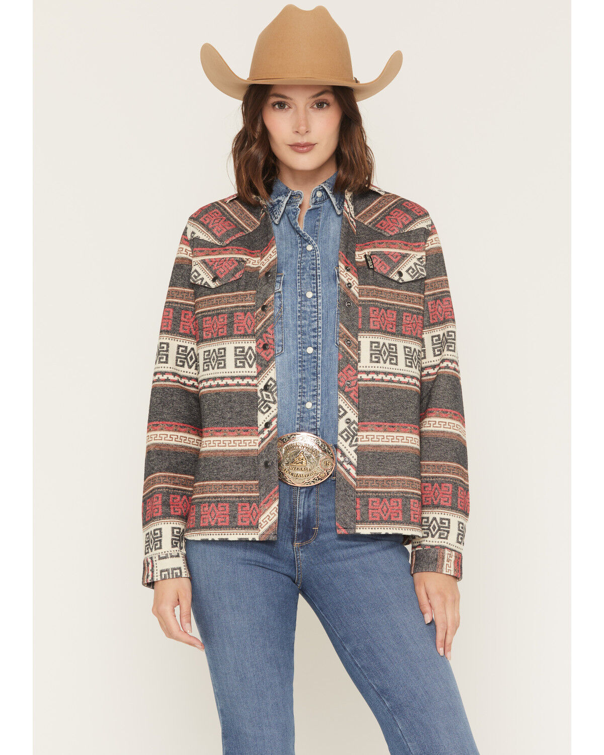 Image #1 - Outback Trading Co Women's Lorelei Southwestern Print Long Sleeve Snap Performance Shirt, Red, hi-res