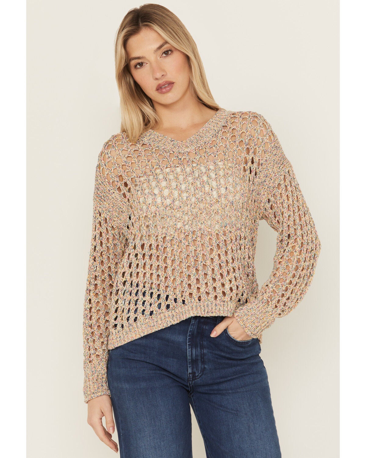 Cleo + Wolf Women's Allison Spacedye Open Weave Sweater, Yellow, hi-res