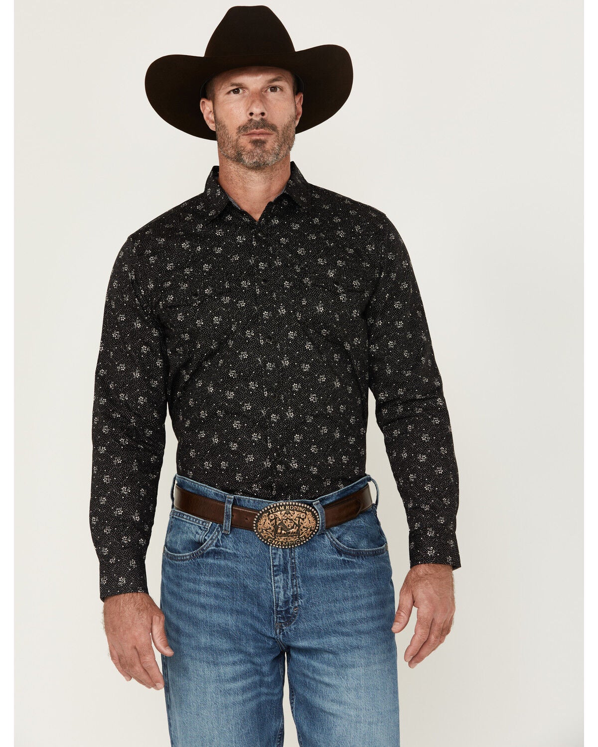 Cody James Men's Saddle Peak Floral Print Long Sleeve Snap Western Shirt, Black, hi-res